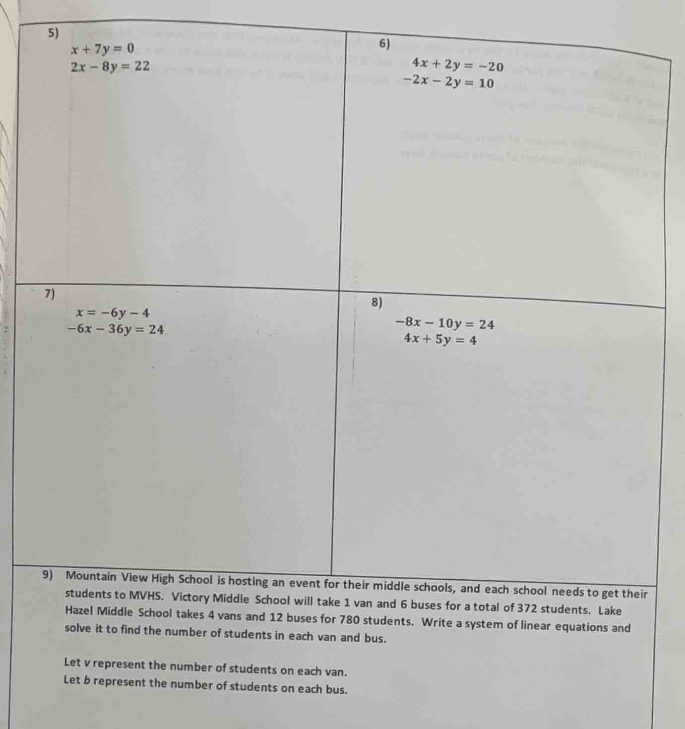 5) $x + 7y = 0$ $2x - 8y = 22$ 6) $4x + 2y = -20$ $-2x - 2y = 10$ 7) $x…