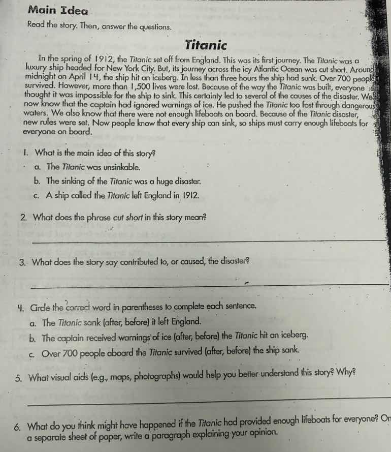 main idea read the story, then, answer the questions. titanic in the sp…