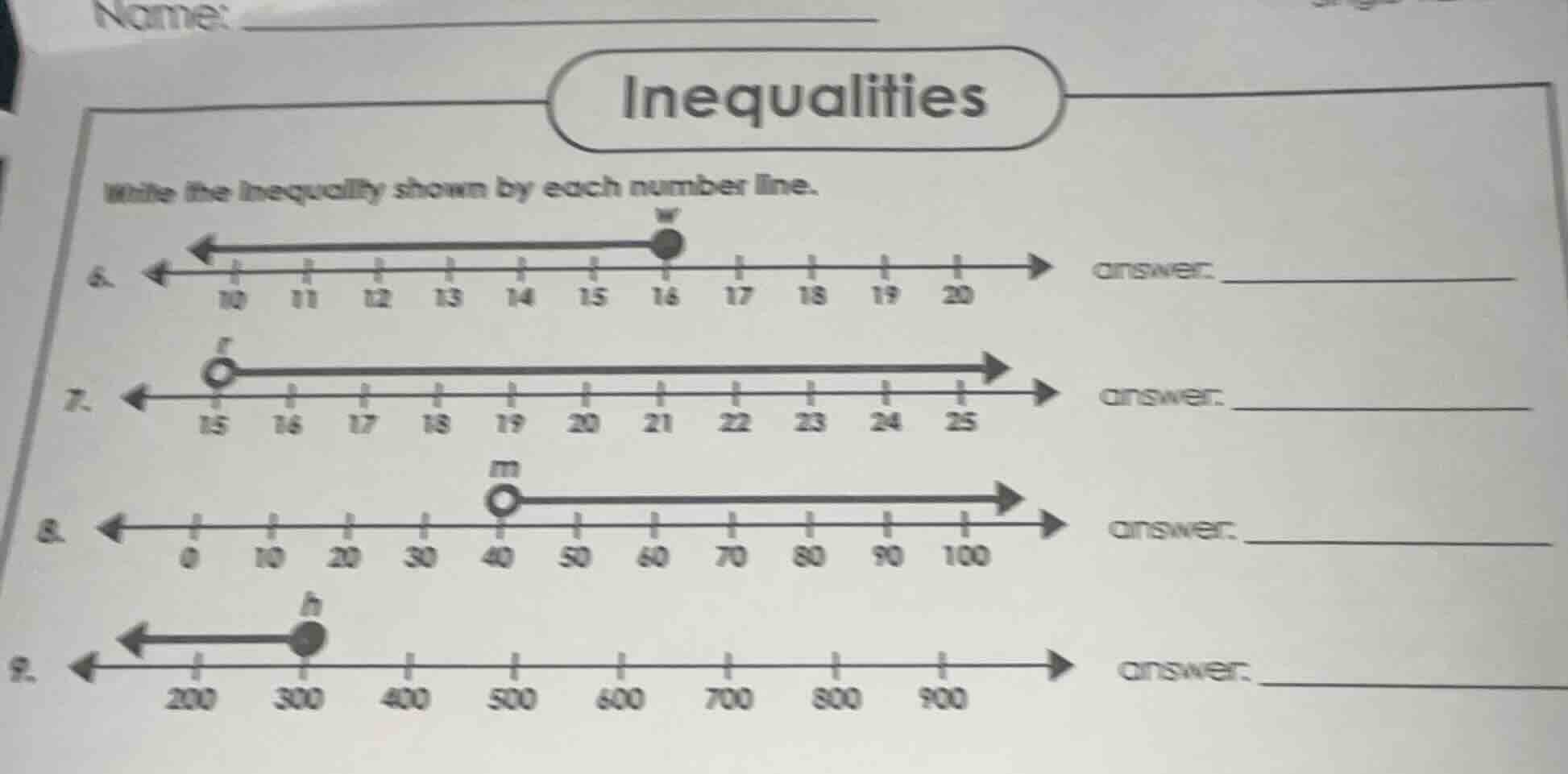 name: _______ inequalities write the inequality shown by each number li…