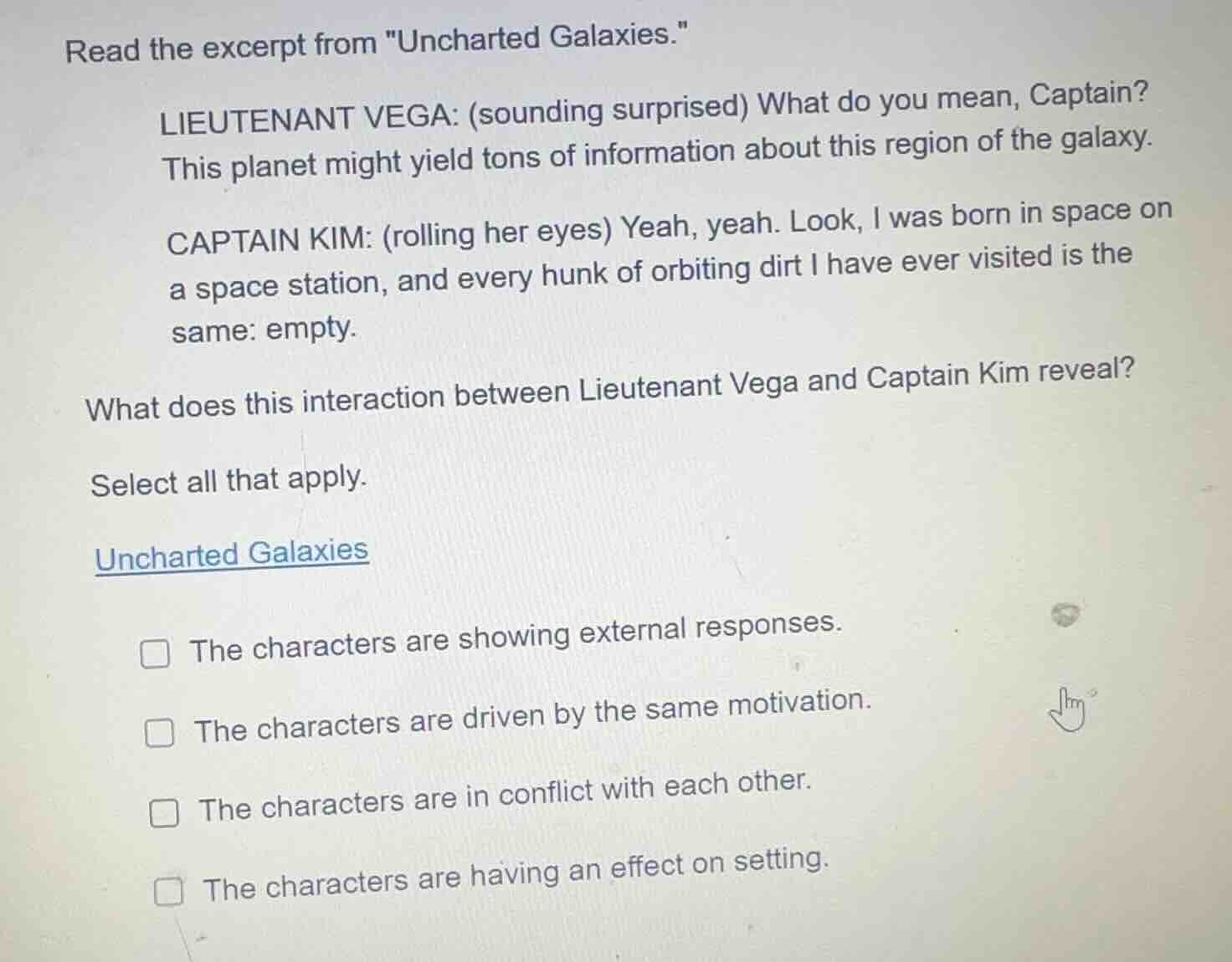 read the excerpt from \uncharted galaxies.\lieutenant vega: (sounding s…