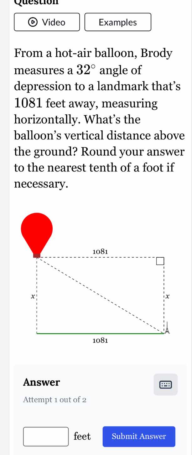 question from a hot-air balloon, brody measures a $32^\\circ$ angle of …