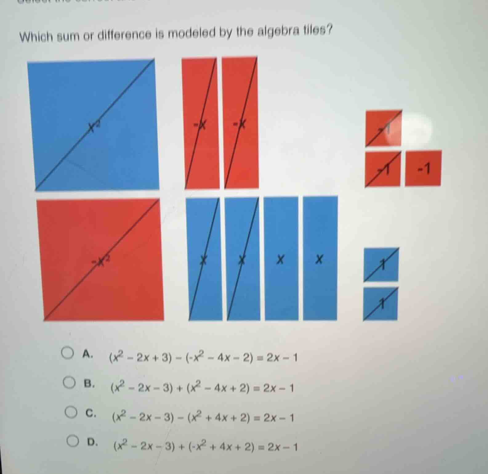 which sum or difference is modeled by the algebra tiles? a. $(x^{2}-2x+…