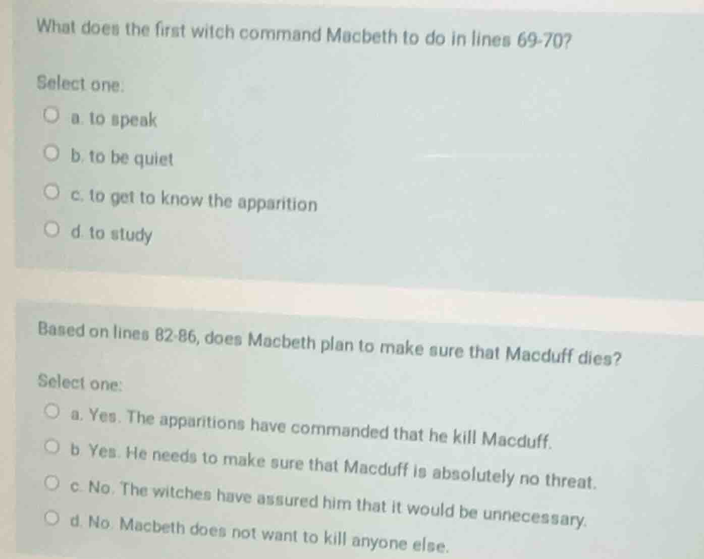 what does the first witch command macbeth to do in lines 69-70? select …