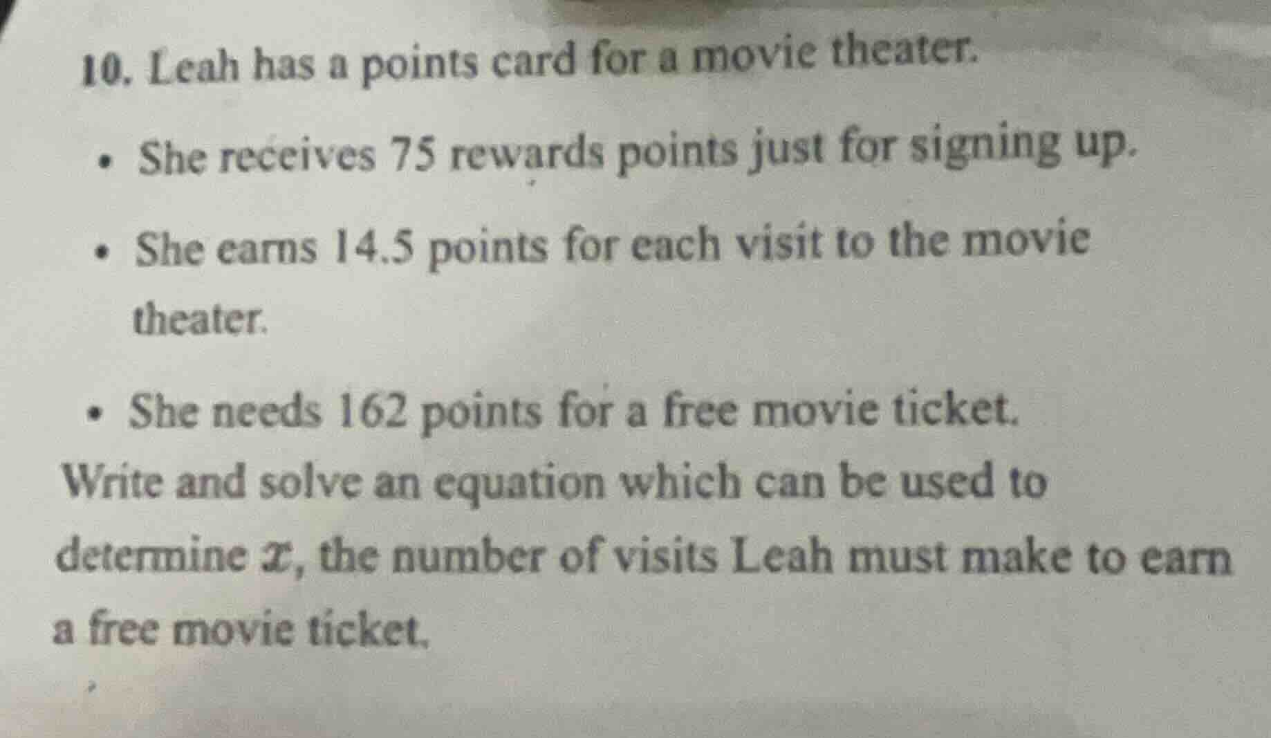 10. leah has a points card for a movie theater. • she receives 75 rewar…