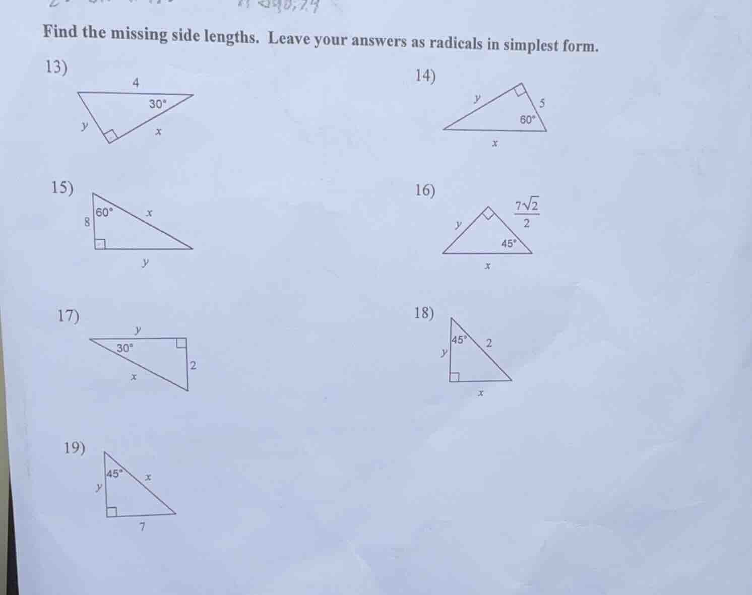 find the missing side lengths. leave your answers as radicals in simple…