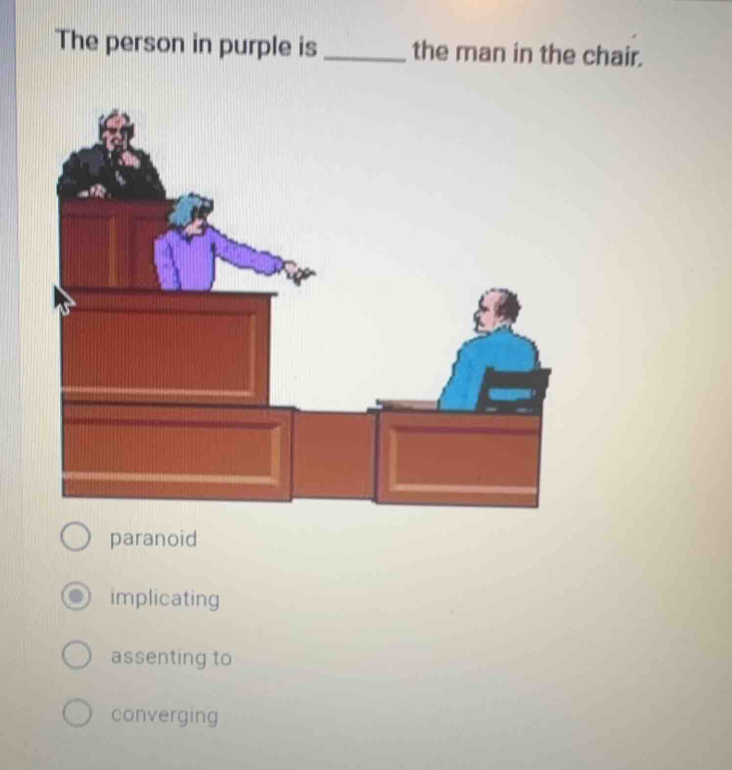 the person in purple is ______ the man in the chair. paranoid implicati…