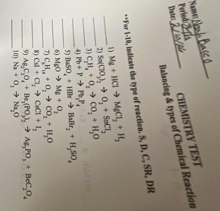 name:period:date:chemistry testbalancing & types of chemical reaction**…
