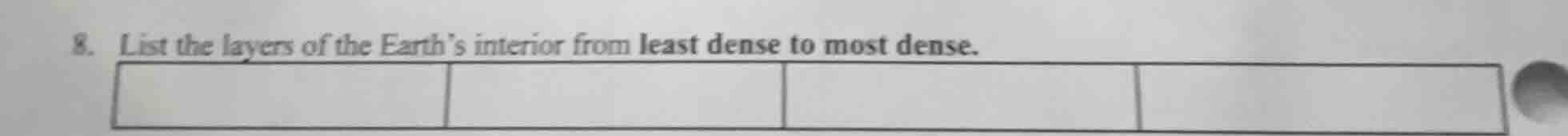 8. list the layers of the earths interior from least dense to most dens…