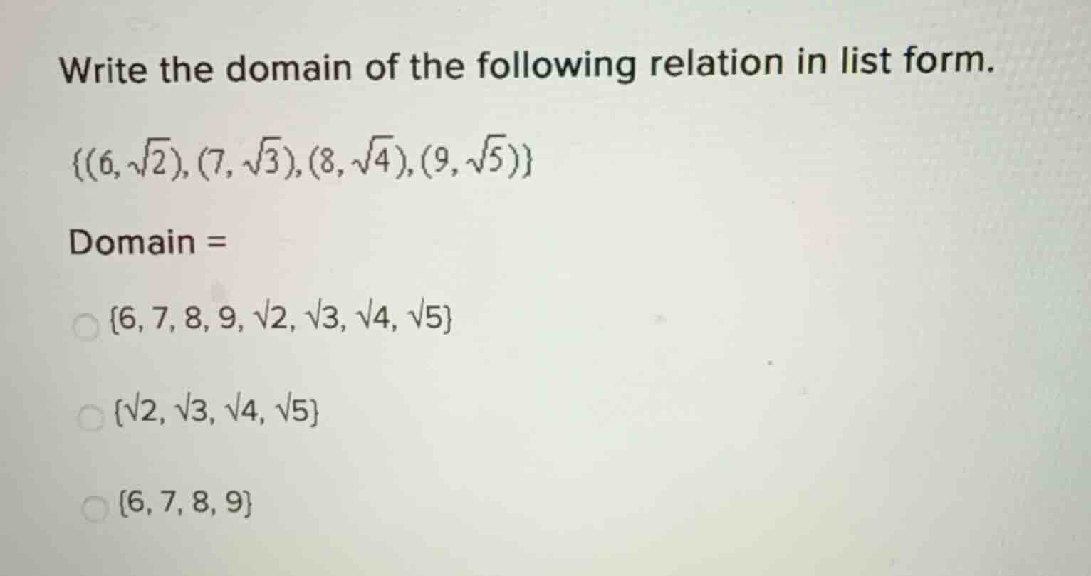 write the domain of the following relation in list form. ${(6,\\sqrt{2}…