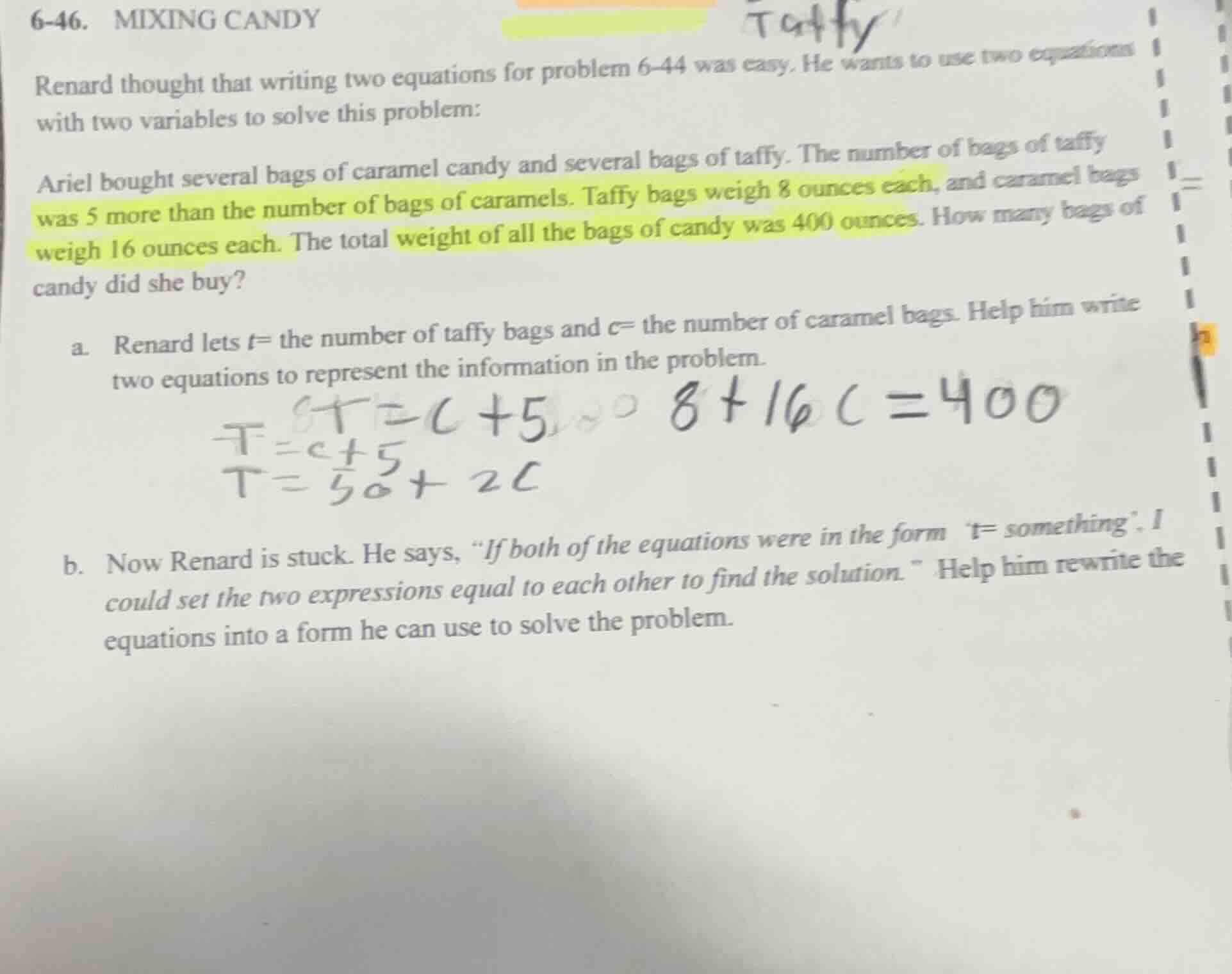 6-46. mixing candy renard thought that writing two equations for proble…