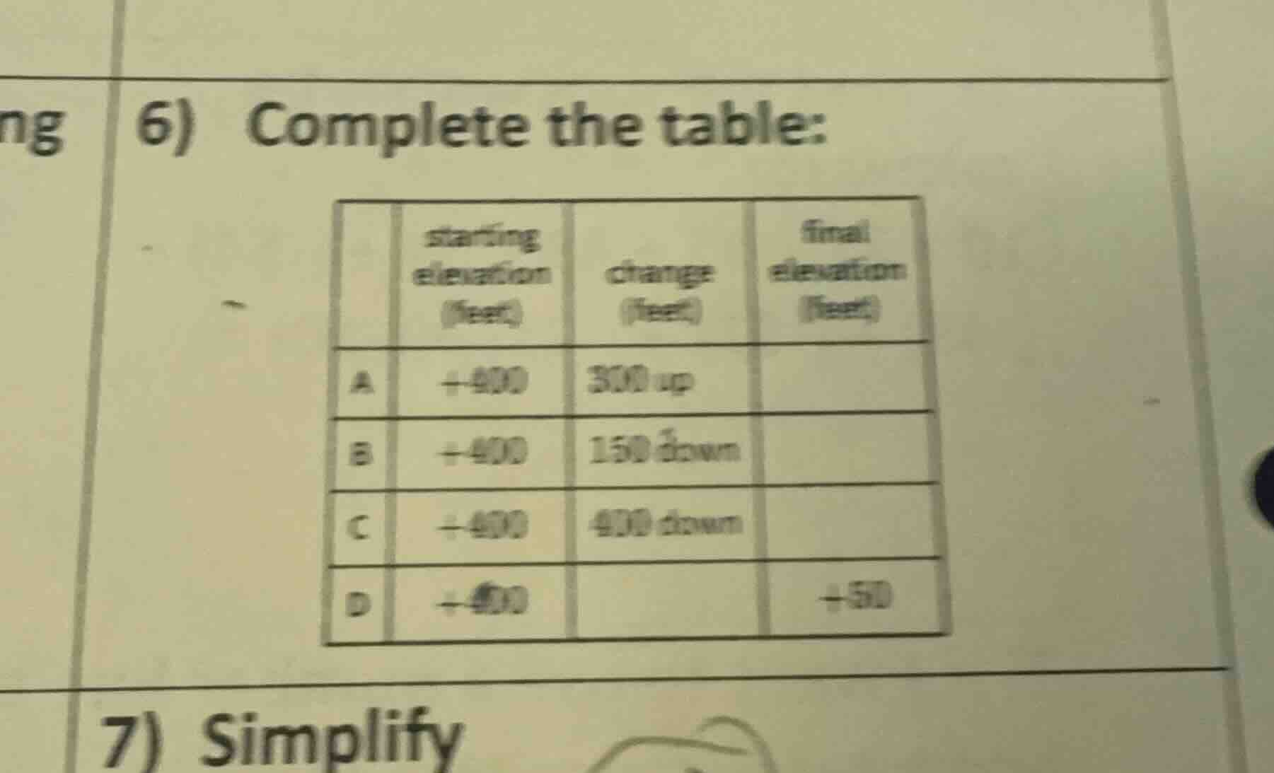 6) complete the table: 7) simplify