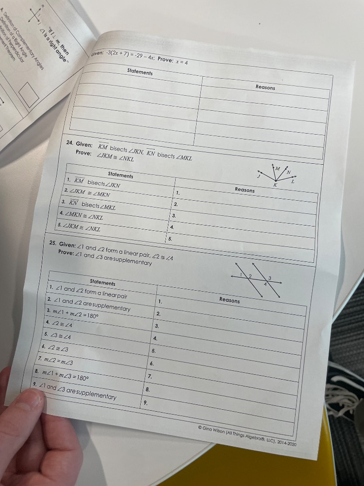given: $-3(2x + 7) = -29 - 4x$; prove: $x = 4$ statements reasons 24. g…