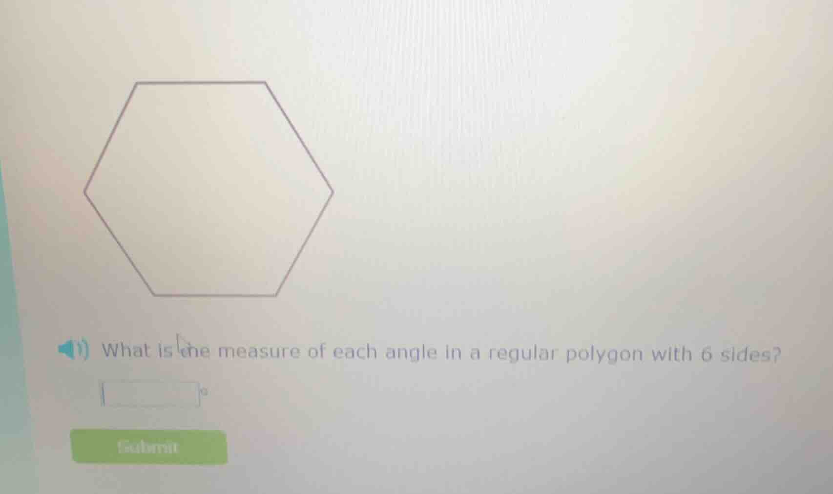1) what is the measure of each angle in a regular polygon with 6 sides?