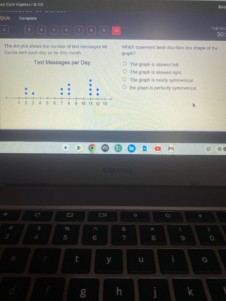 on core algebra i b-cr eng quiz complete time rem: 50: the dot plot sho…