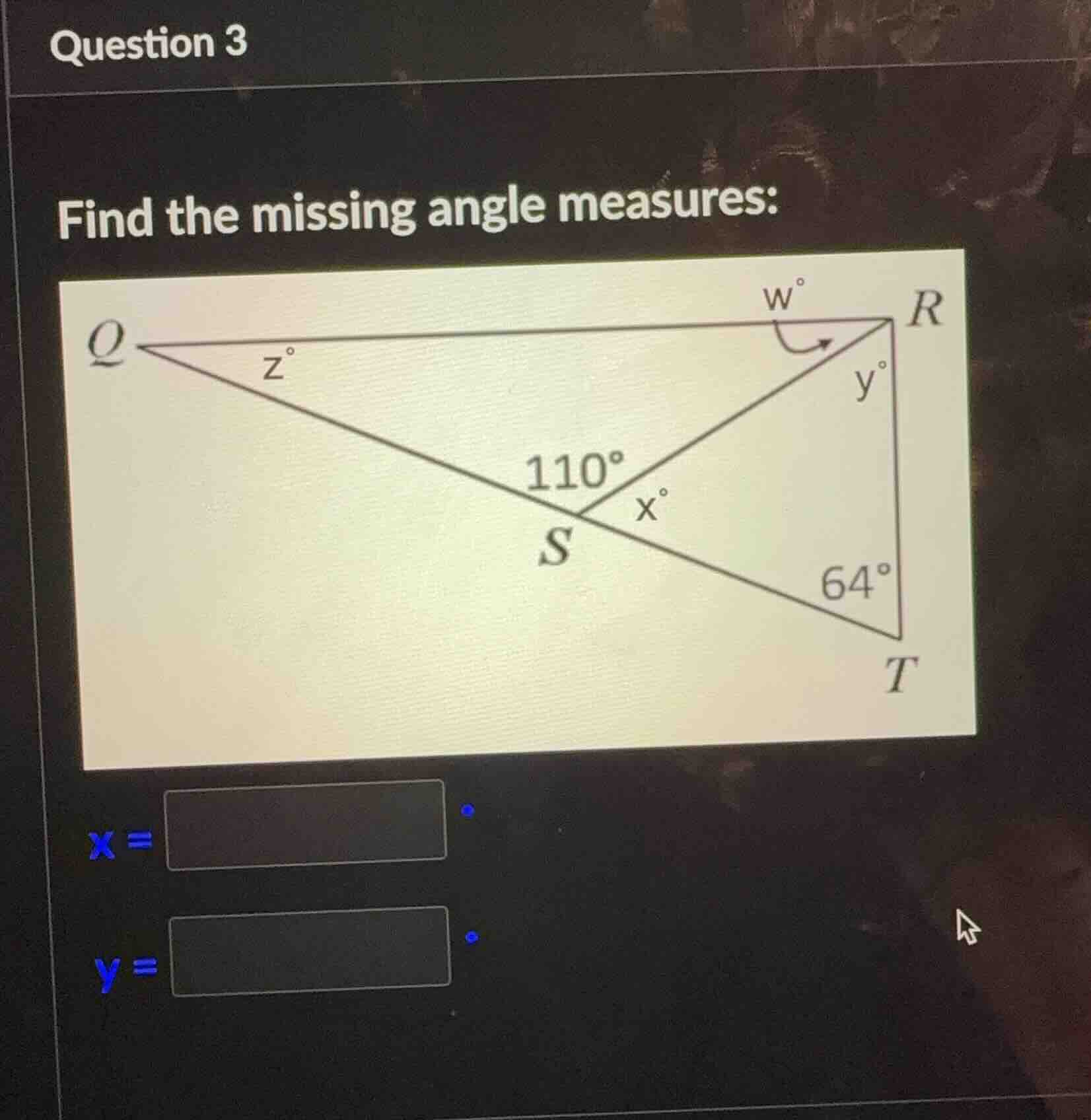 question 3 find the missing angle measures: x = y =