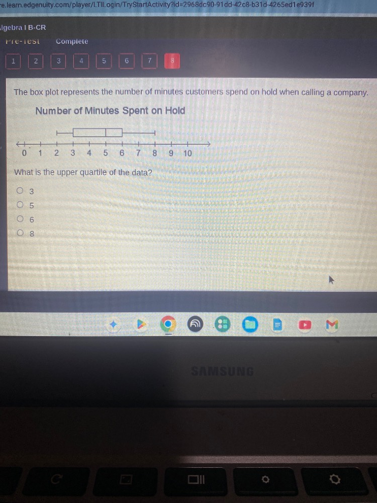algebra i b-cr pre-test complete 1 2 3 4 5 6 7 8 the box plot represent…