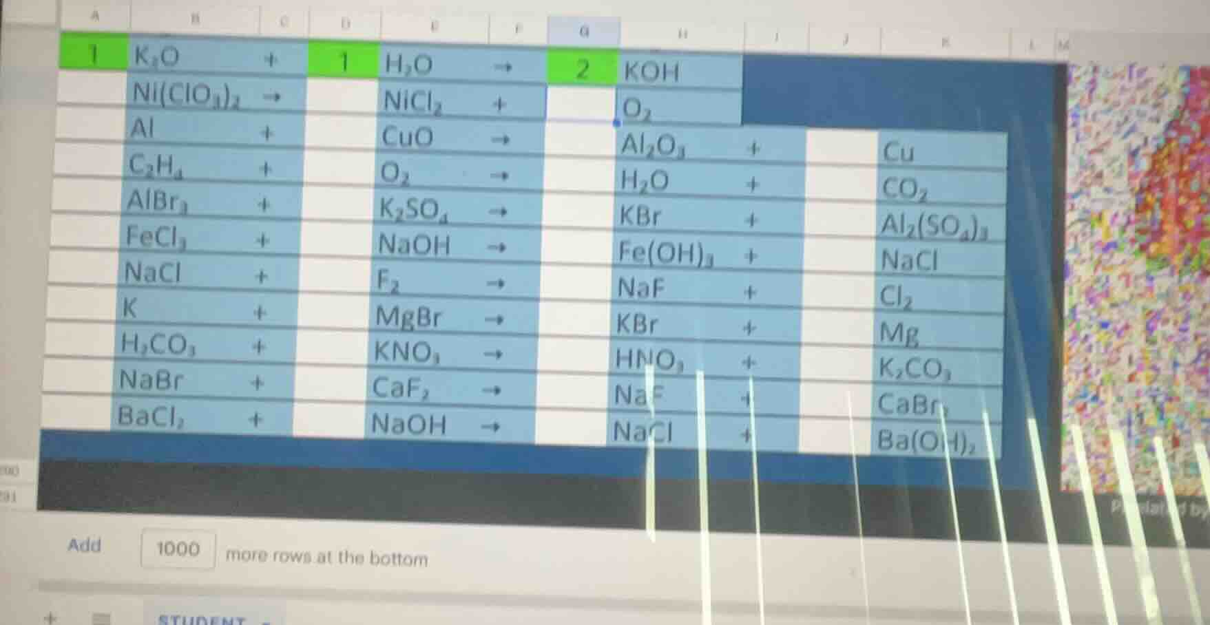 1. $ce{k_{2}o + h_{2}o -> koh}$2. $ce{ni(clo_{3})_{2} -> nicl_{2} + o_{…