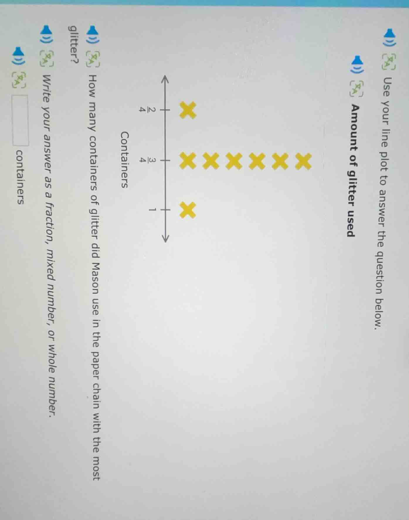 use your line plot to answer the question below. amount of glitter used…