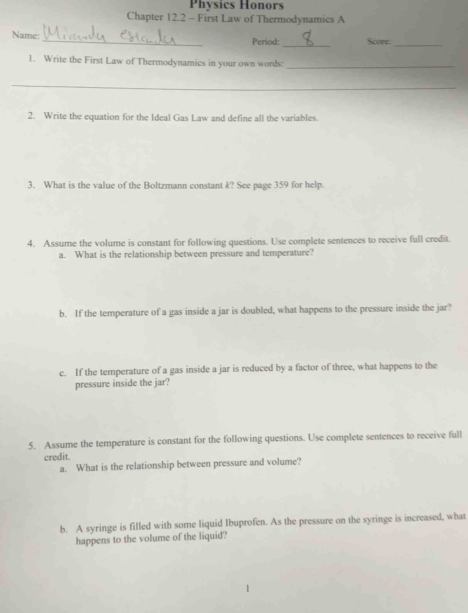 physics honors chapter 12.2 – first law of thermodynamics a name: miran…