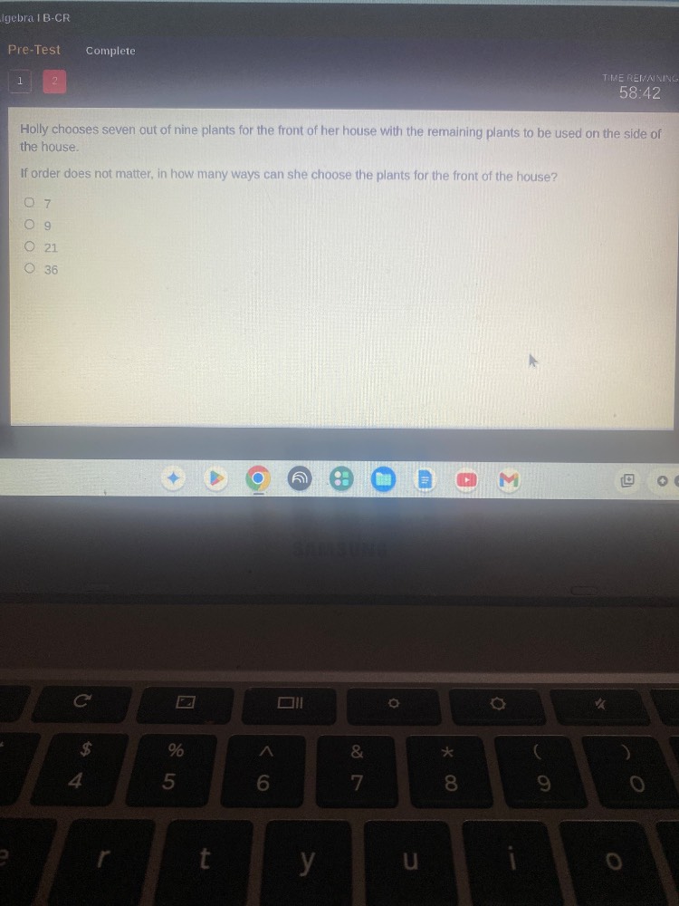 algebra i b-cr pre-test complete time remaining 58:42 holly chooses sev…