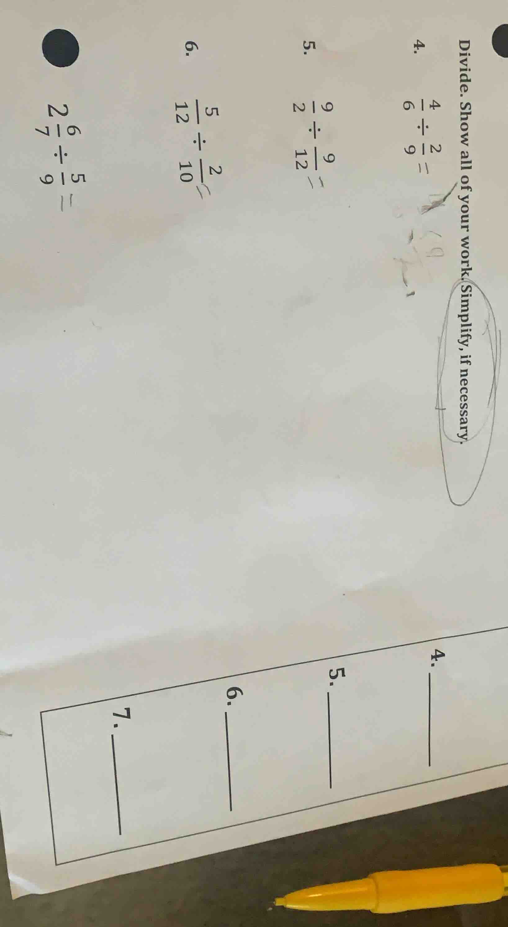 divide. show all of your work. simplify, if necessary. 4. $\frac{4}{6} …