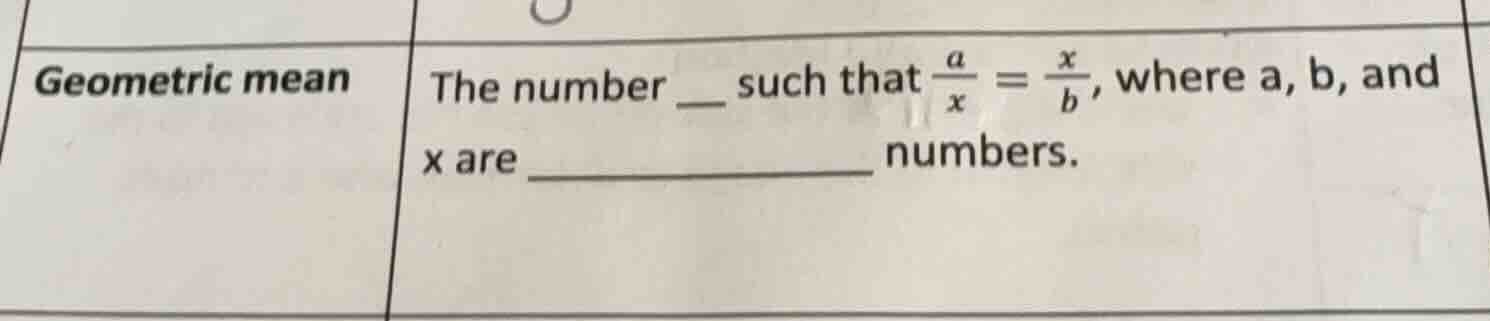 geometric mean the number ___ such that $\frac{a}{x} = \frac{x}{b}$, wh…