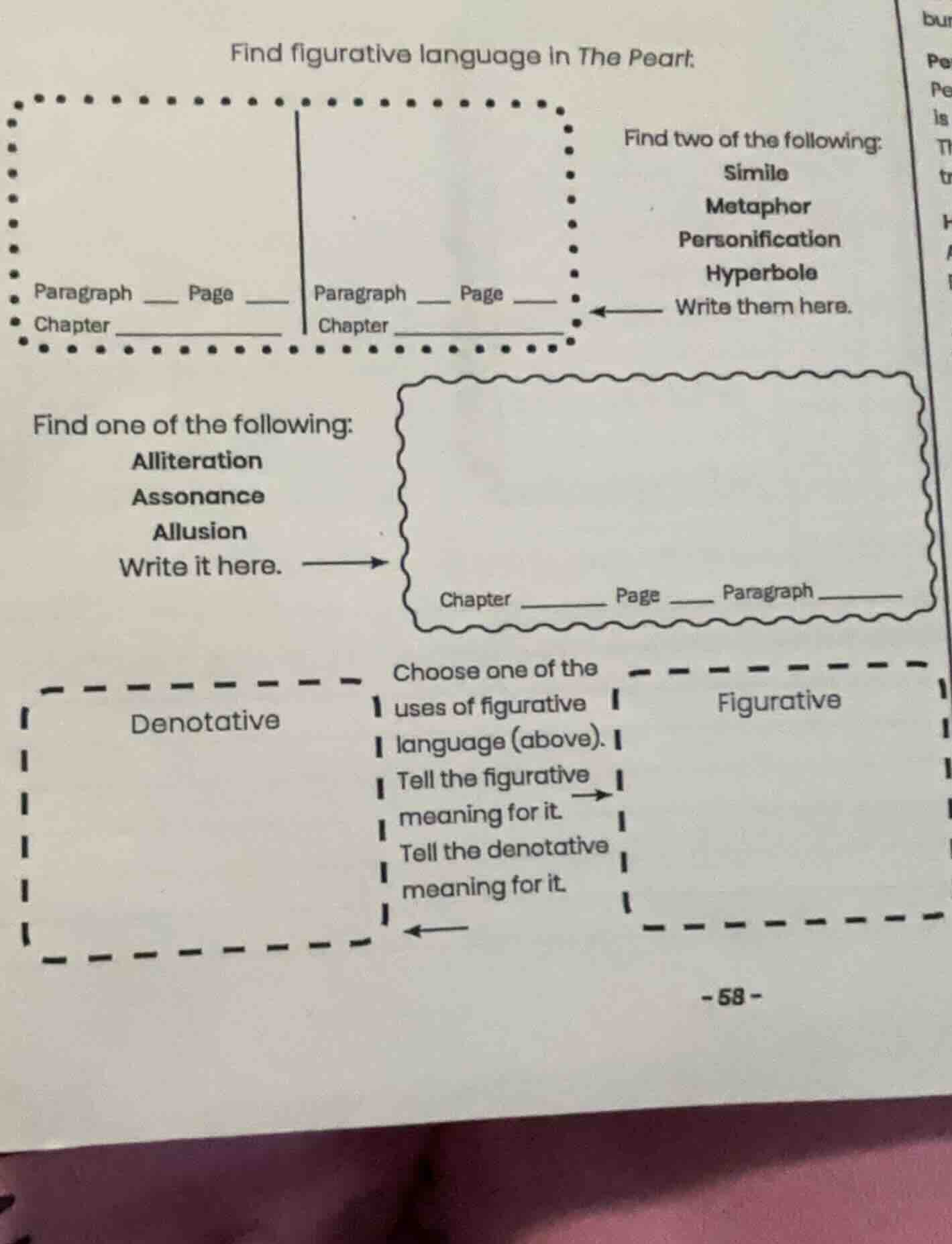 find figurative language in the pearl: find two of the following: simil…