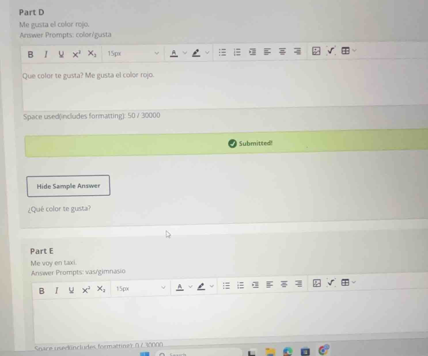 part d me gusta el color rojo. answer prompts: color/gusta que color te…