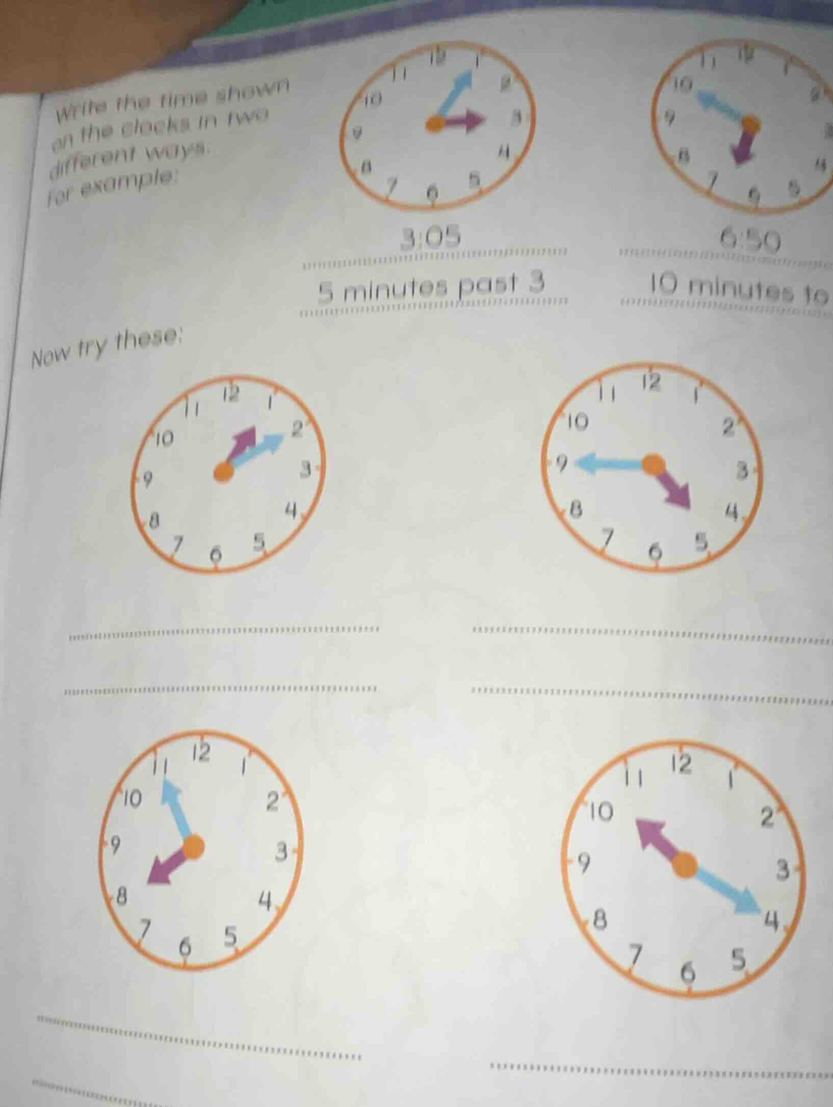 write the time shown on the clocks in two different ways.for example:3:…