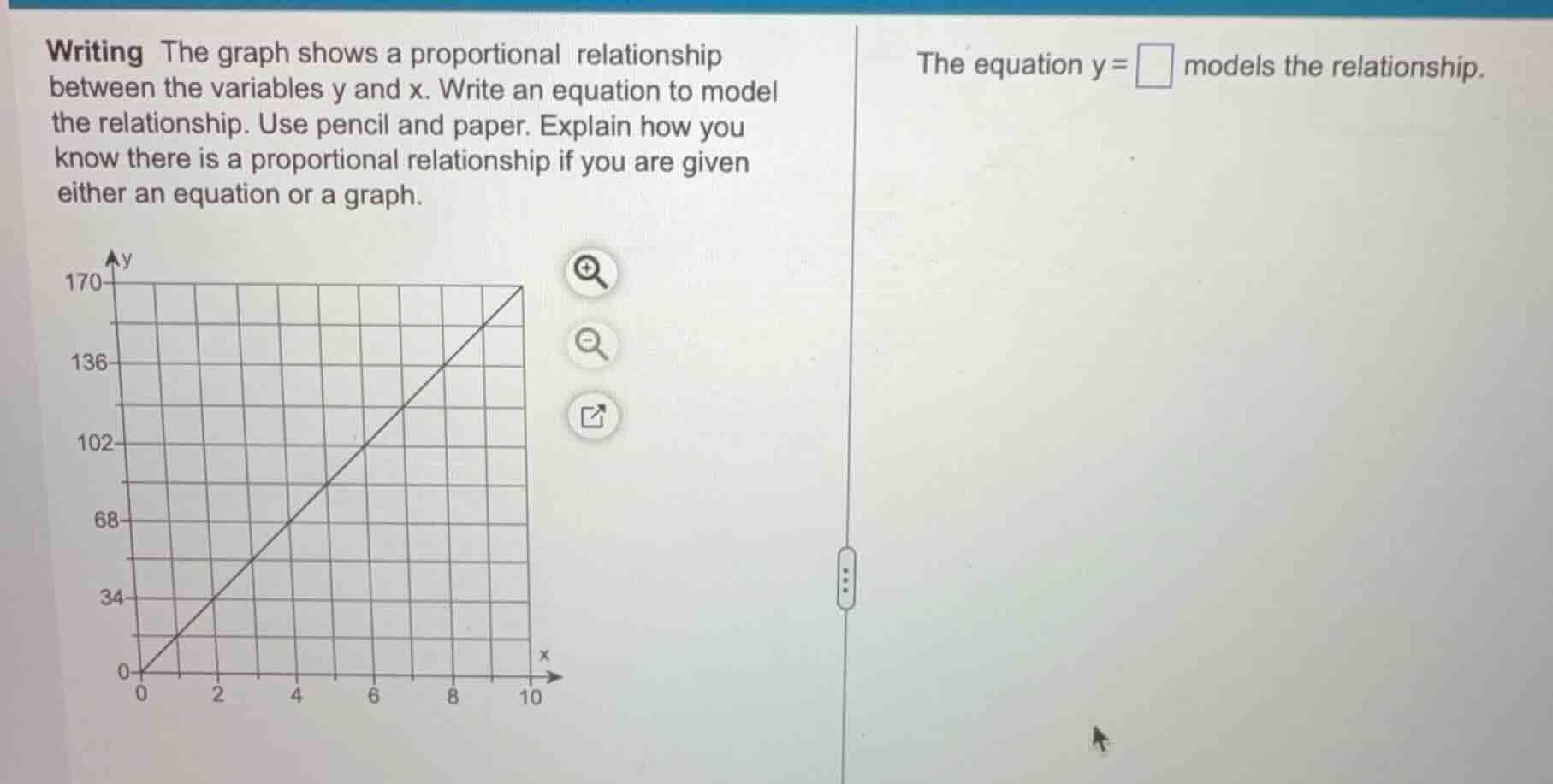 writing the graph shows a proportional relationship between the variabl…