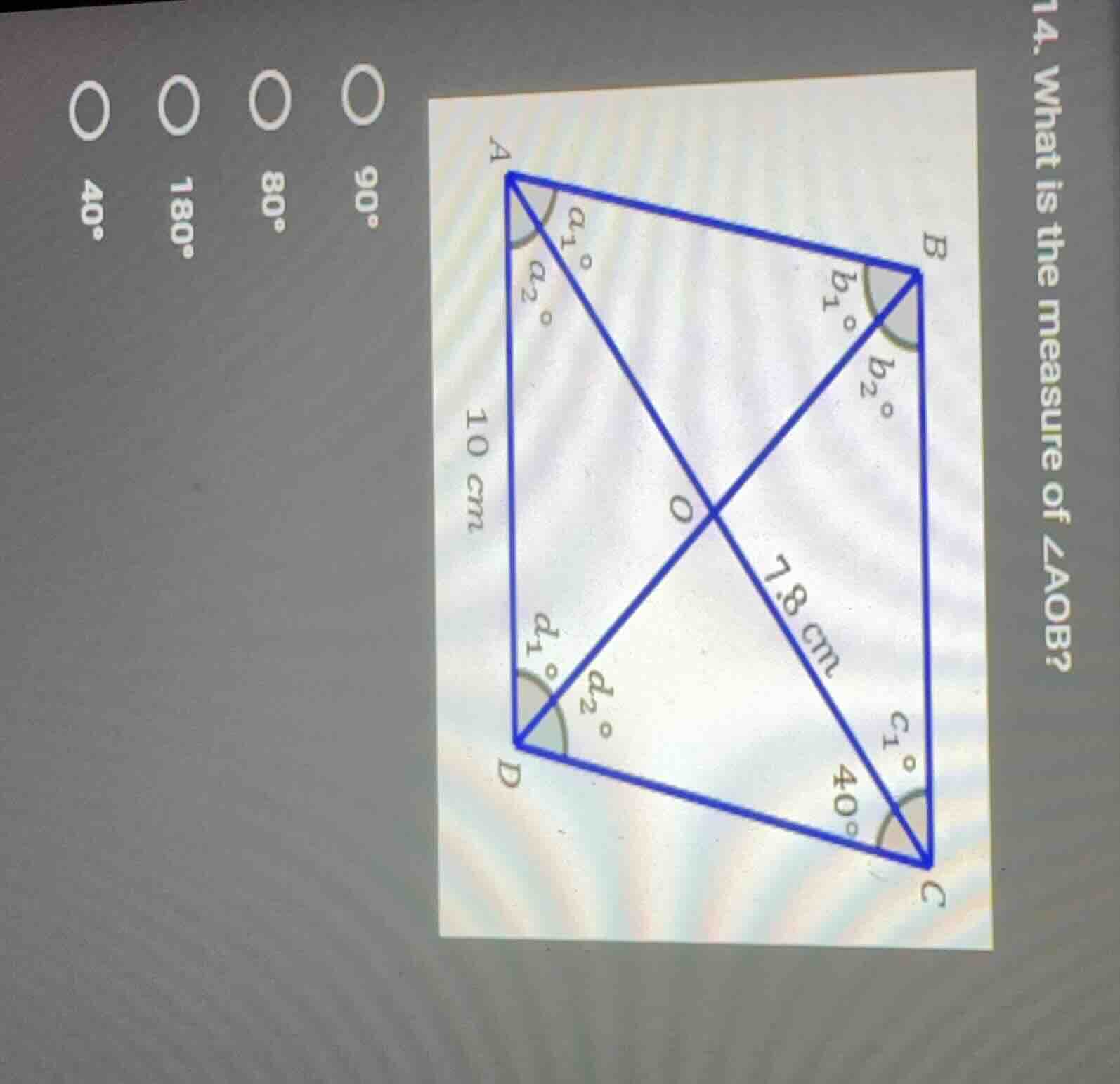 14. what is the measure of $angle aob$?$\bigcirc$ $90^circ$$\bigcirc$ $…
