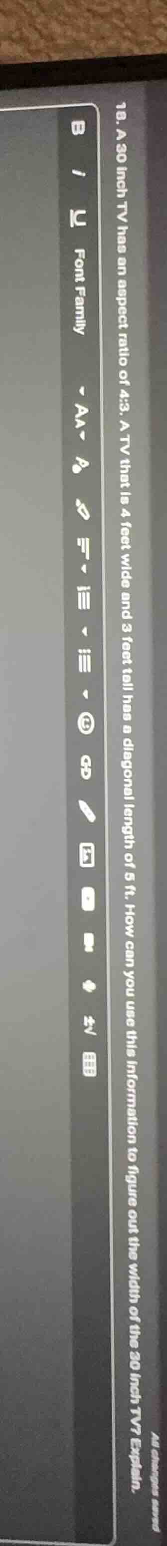 18. a 30 inch tv has an aspect ratio of 4:3. a tv that is 4 feet wide a…