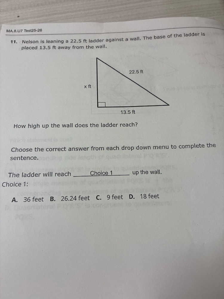 ma.8.u7 test25-26 11. nelson is leaning a 22.5 ft ladder against a wall…