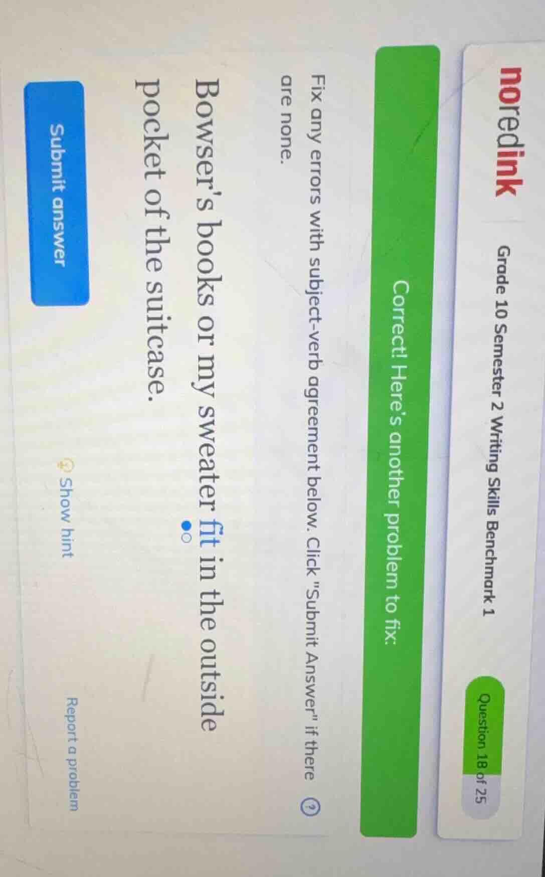 noredink grade 10 semester 2 writing skills benchmark 1 question 18 of …