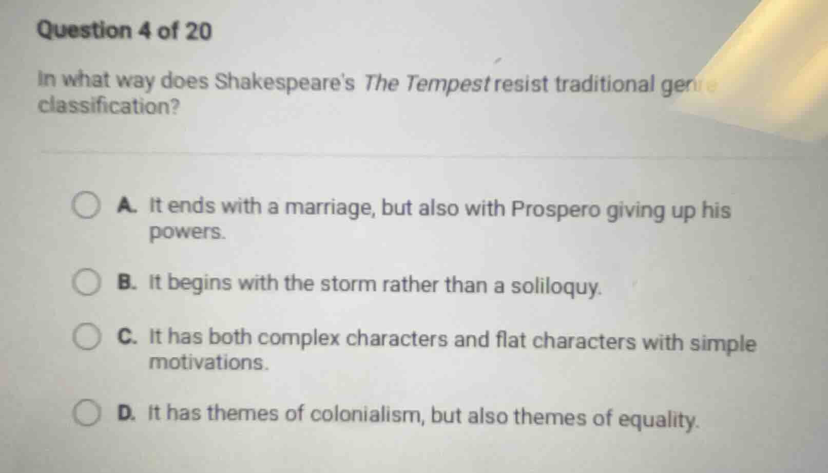 question 4 of 20 in what way does shakespeares the tempest resist tradi…