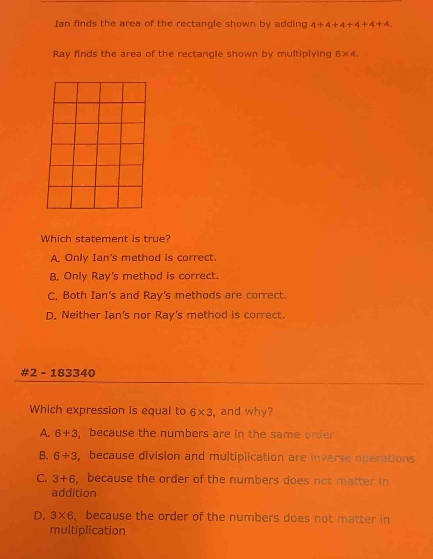 ian finds the area of the rectangle shown by adding 4+4+4+4+4+4.ray fin…