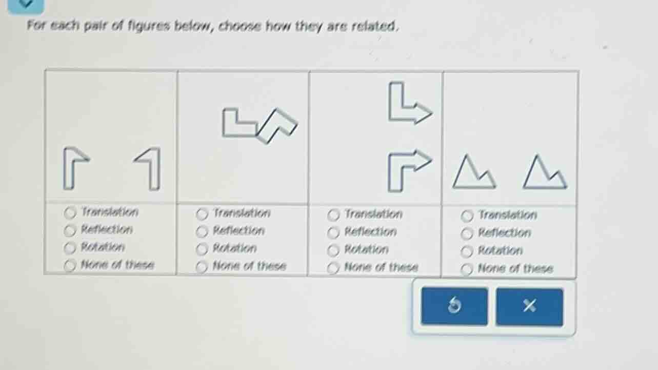 for each pair of figures below, choose how they are related. 1. transla…