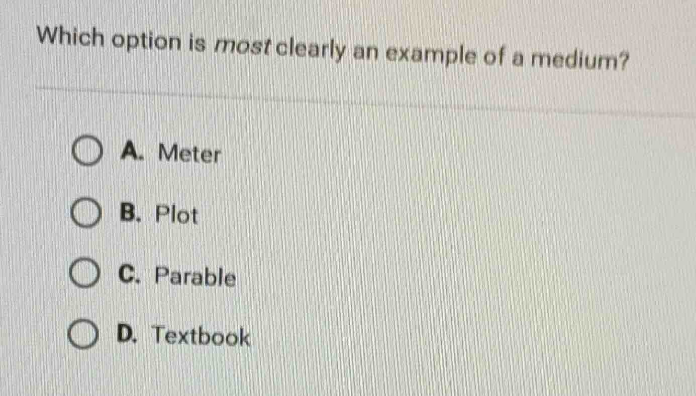 which option is most clearly an example of a medium? a. meter b. plot c…