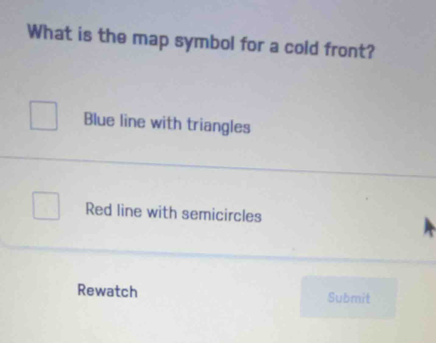 what is the map symbol for a cold front?blue line with trianglesred lin…