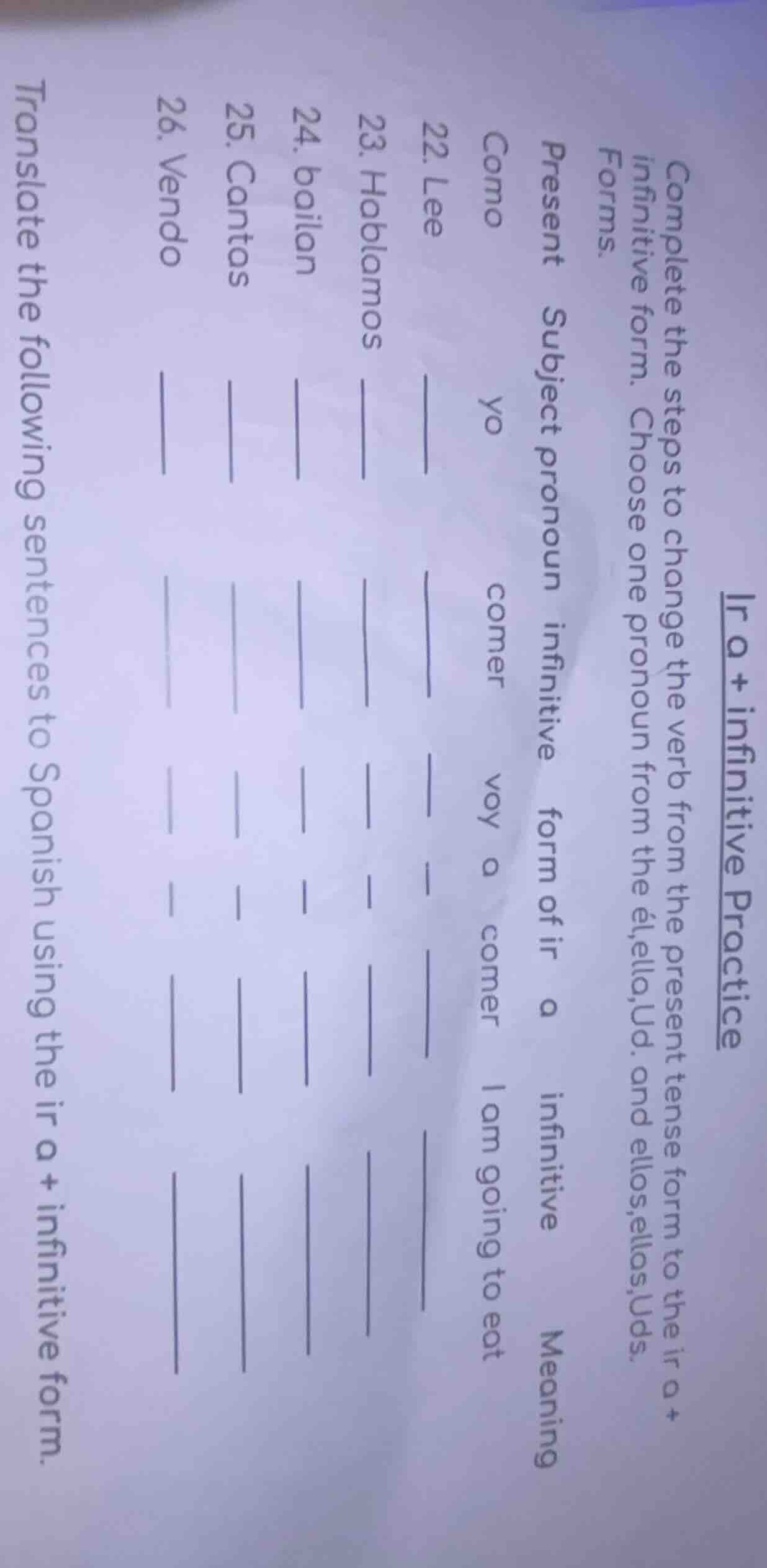 ir a + infinitive practice complete the steps to change the verb from t…