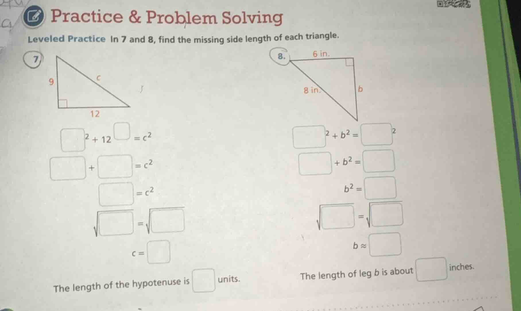 practice & problem solving leveled practice in 7 and 8, find the missin…