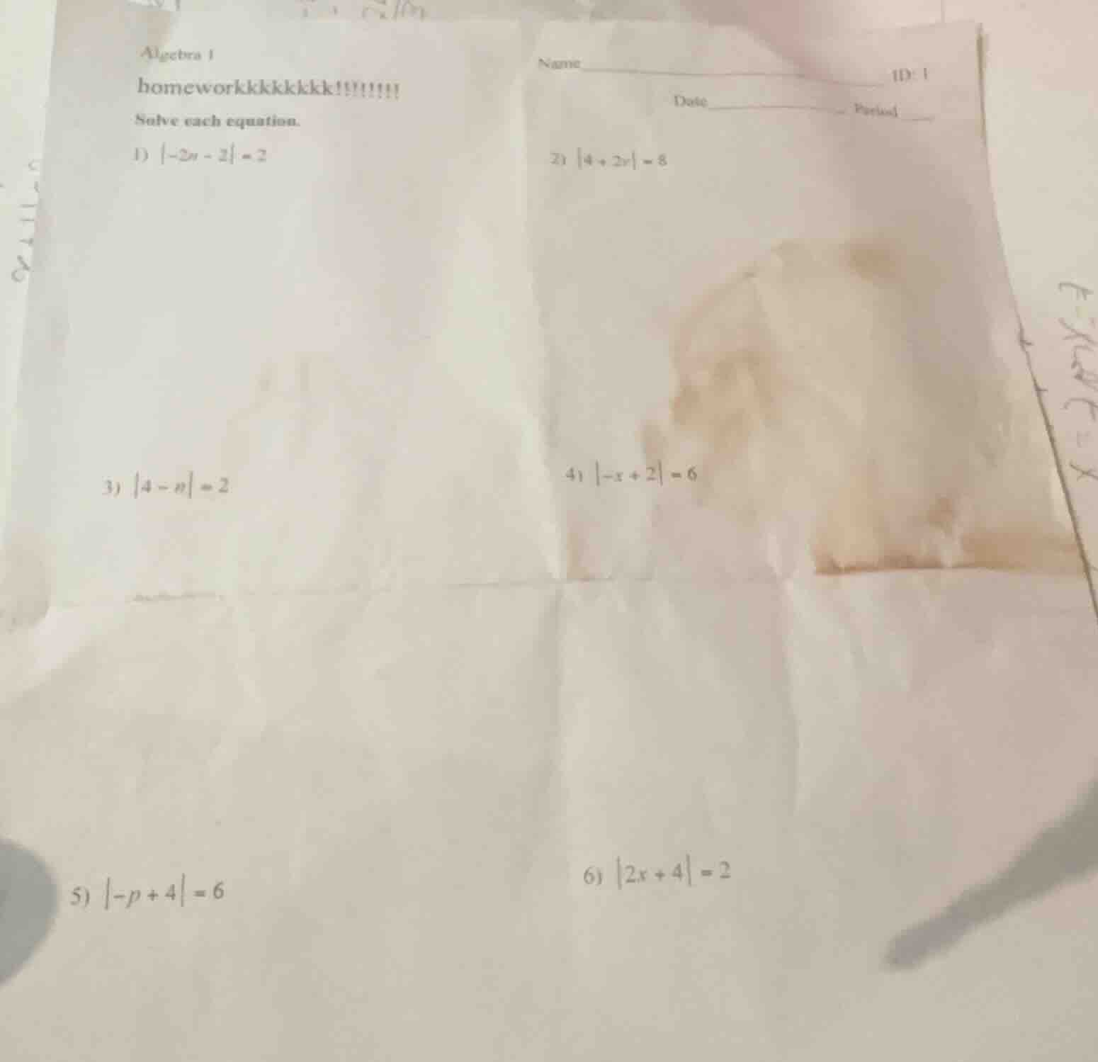 algebra 1 homeworkkkkkkkk!!!!!!!! solve each equation. 1) $|-2n - 2| = …