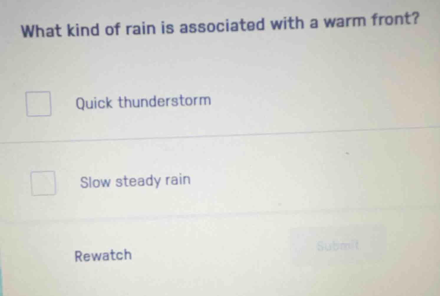what kind of rain is associated with a warm front? quick thunderstorm s…