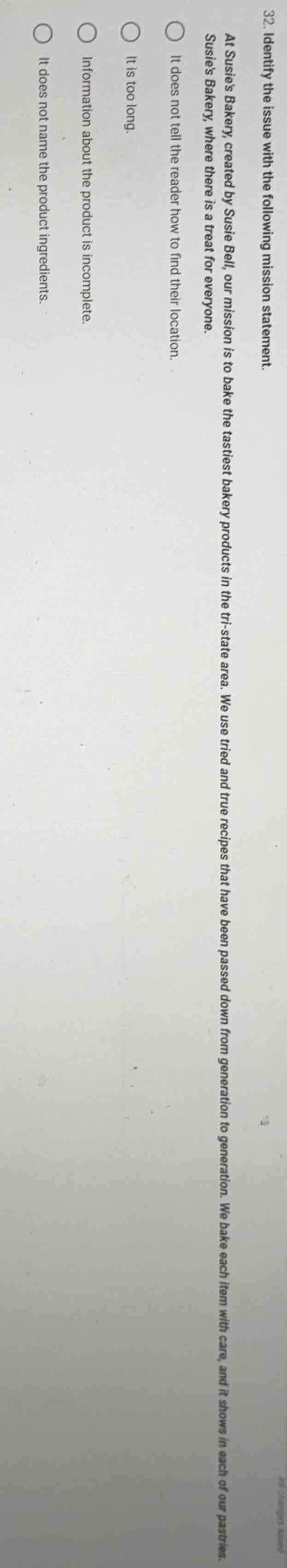 32. identify the issue with the following mission statement. at susies …