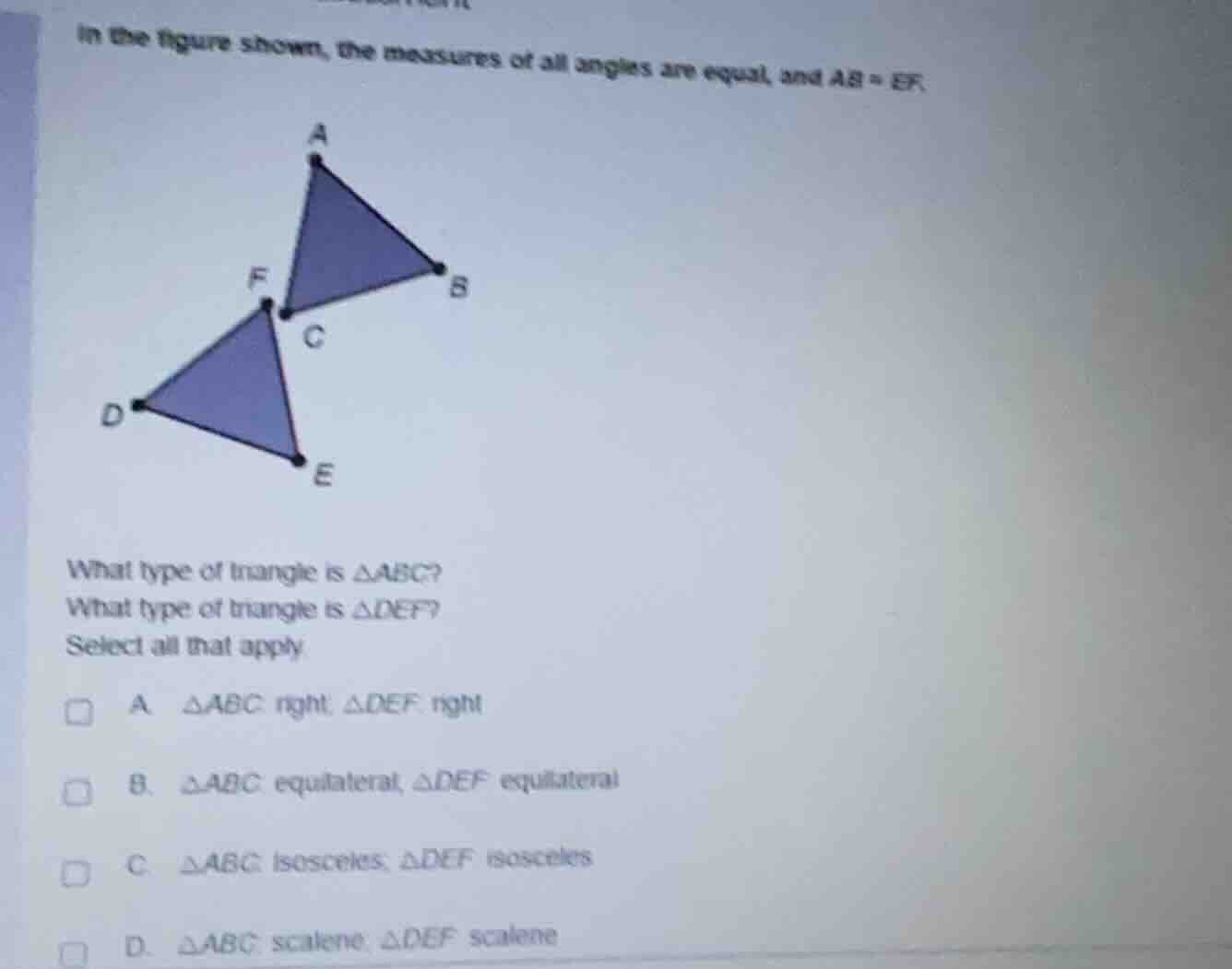 in the figure shown, the measures of all angles are equal, and ab = ef.…