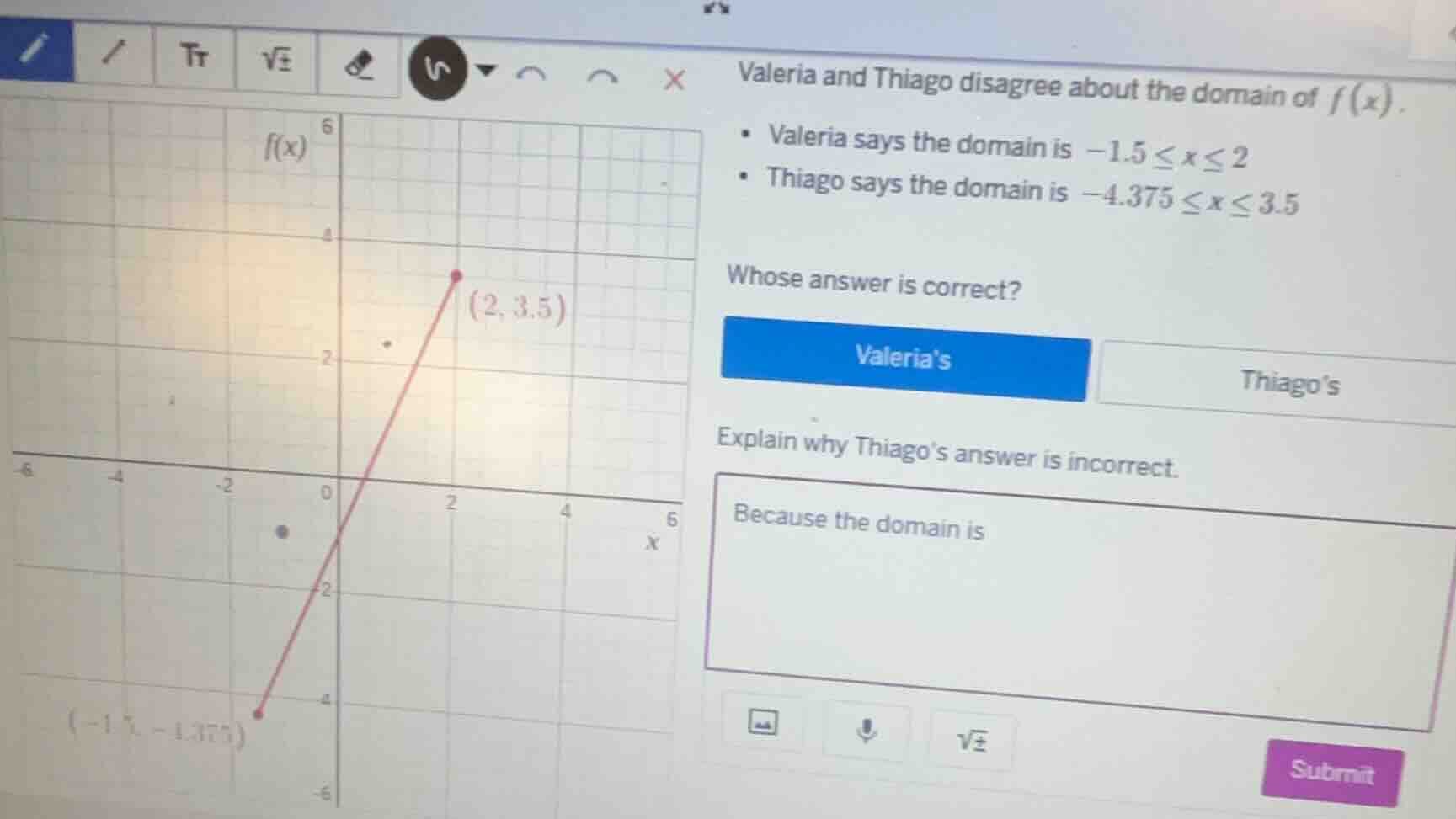 valeria and thiago disagree about the domain of $f(x)$.- valeria says t…