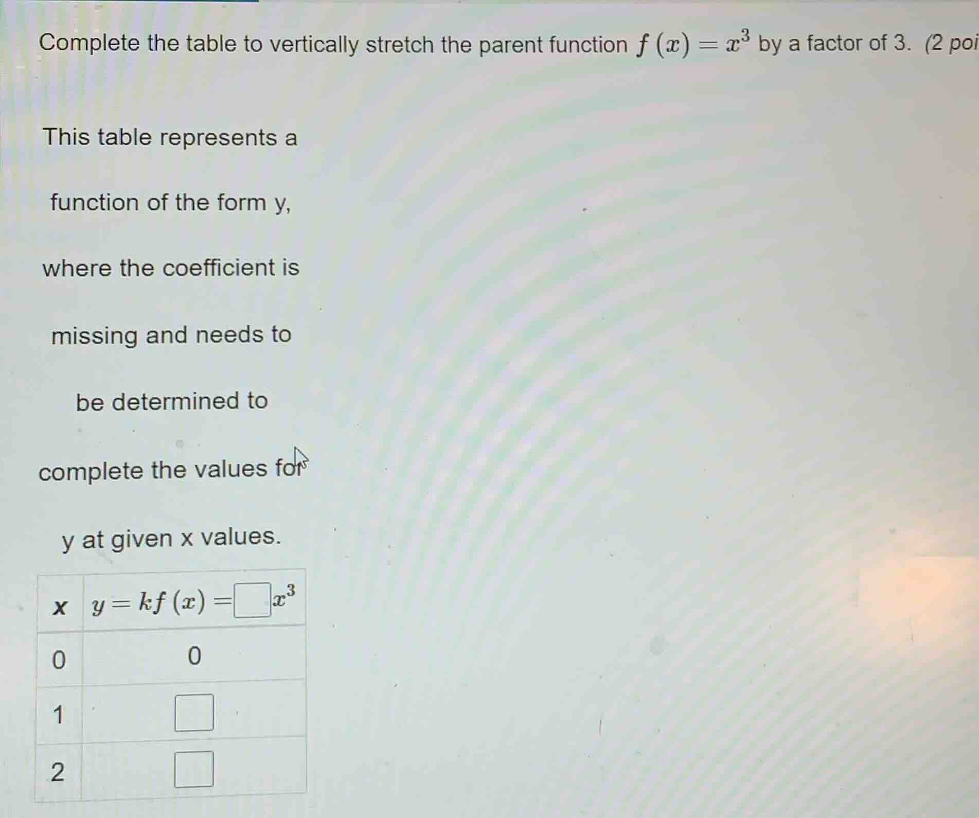 complete the table to vertically stretch the parent function $f(x)=x^3$…