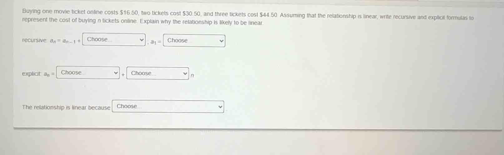 buying one movie ticket online costs $16.50, two tickets cost $30.50, a…