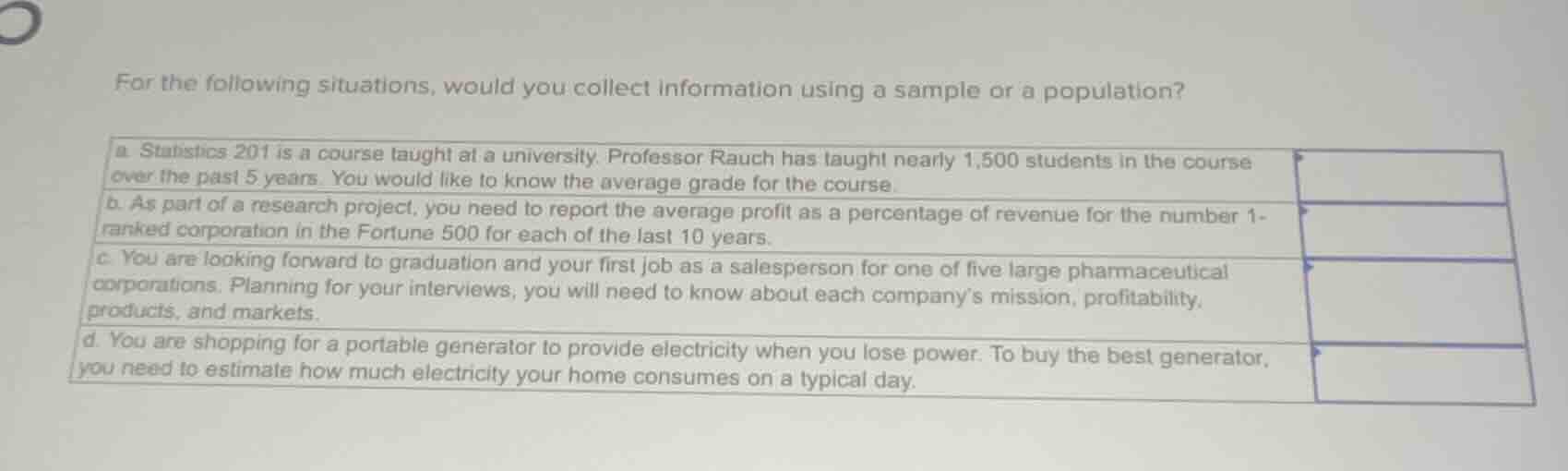 for the following situations, would you collect information using a sam…