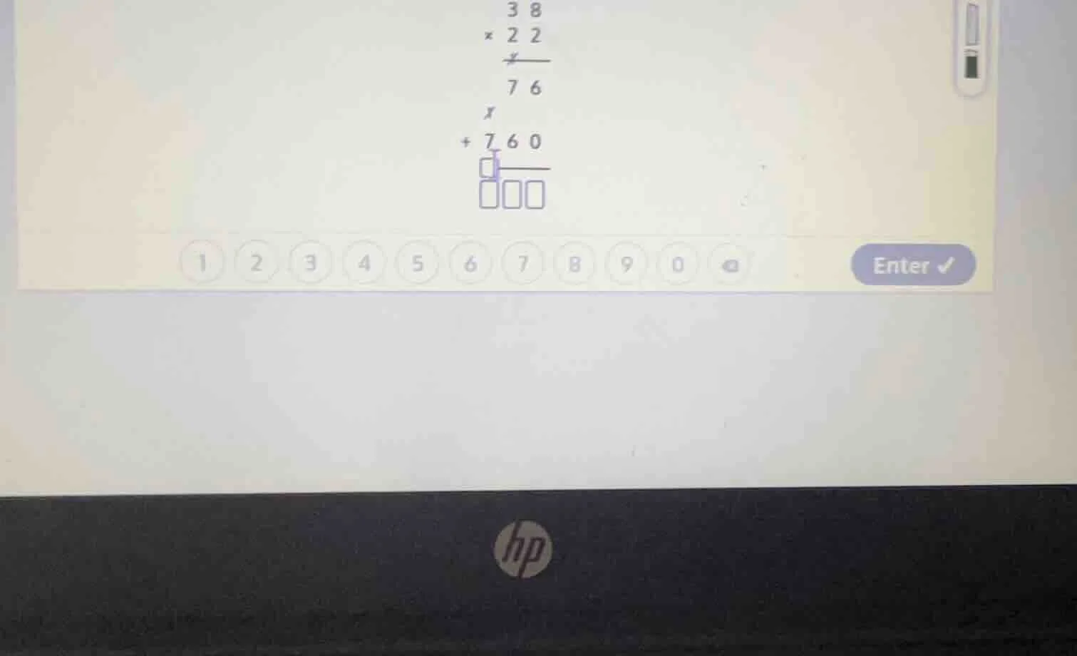 $\\begin{array}{r}38\\\\×22\\hline76\\\\+760\\hline□□□\\end{array}$